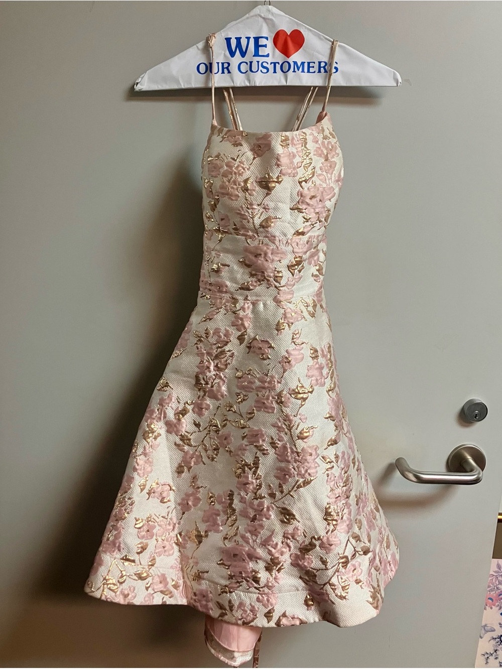B Darlin Pink and Gold Floral Fit-and-Flare Dress with Double Straps